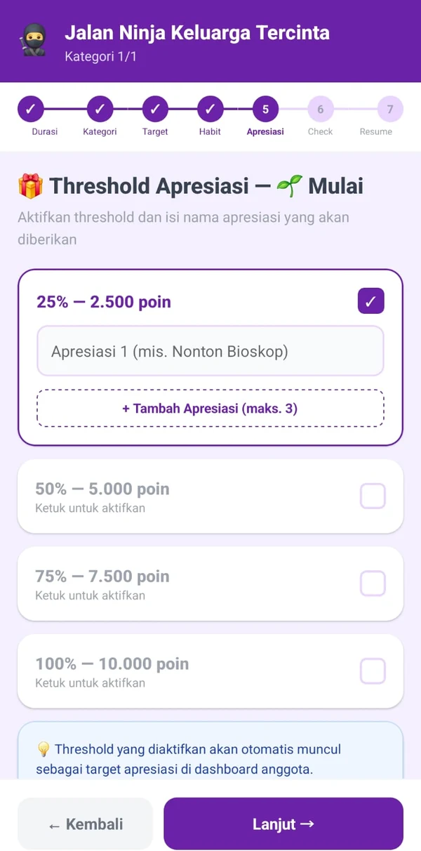 Wizard tahap 5 dari 7: ambang apresiasi 25%, 50%, 75%, dan 100% poin dengan kolom nama apresiasi.