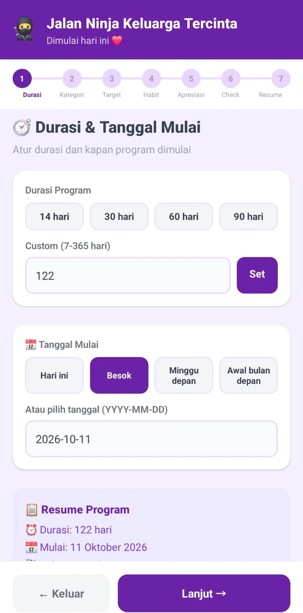 Wizard tahap 1 dari 7: pilihan durasi 14, 30, 60, 90 hari atau durasi sendiri, serta tanggal mulai program.