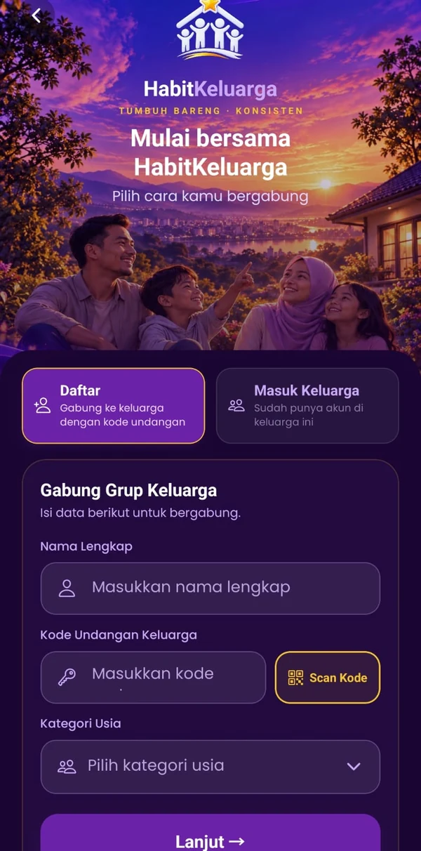 Layar Gabung Grup Keluarga untuk anggota: isi nama lengkap, kode undangan atau tombol Scan Kode, dan kategori usia.