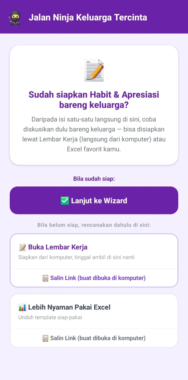 Layar persiapan Wizard: ajakan mendiskusikan habit dan apresiasi bersama terlebih dahulu, dengan pilihan Lembar Kerja atau template Excel.