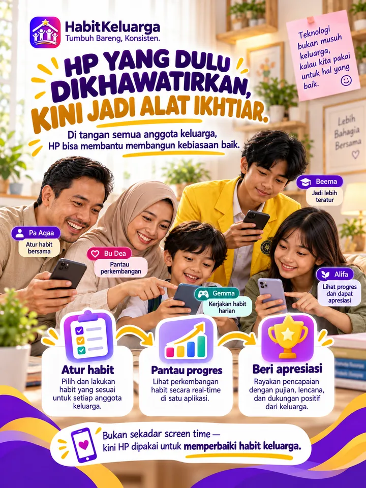 Poster ilustrasi: HP yang dulu dikhawatirkan kini jadi alat ikhtiar. Atur habit, pantau progres, beri apresiasi.