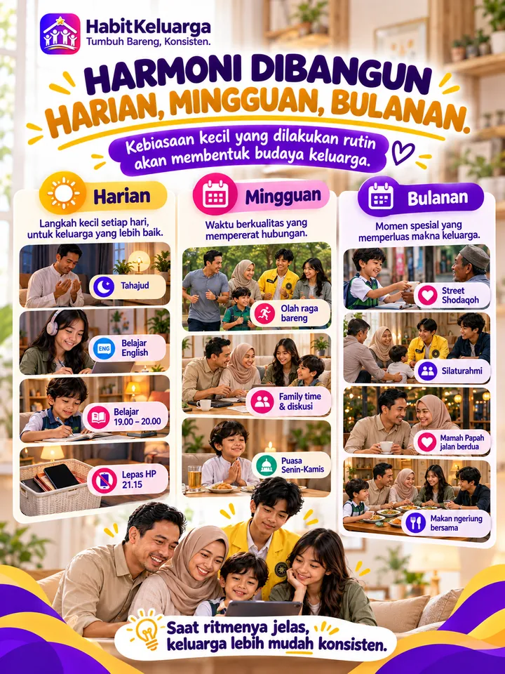 Poster ilustrasi: contoh habit harian, mingguan, dan bulanan keluarga.