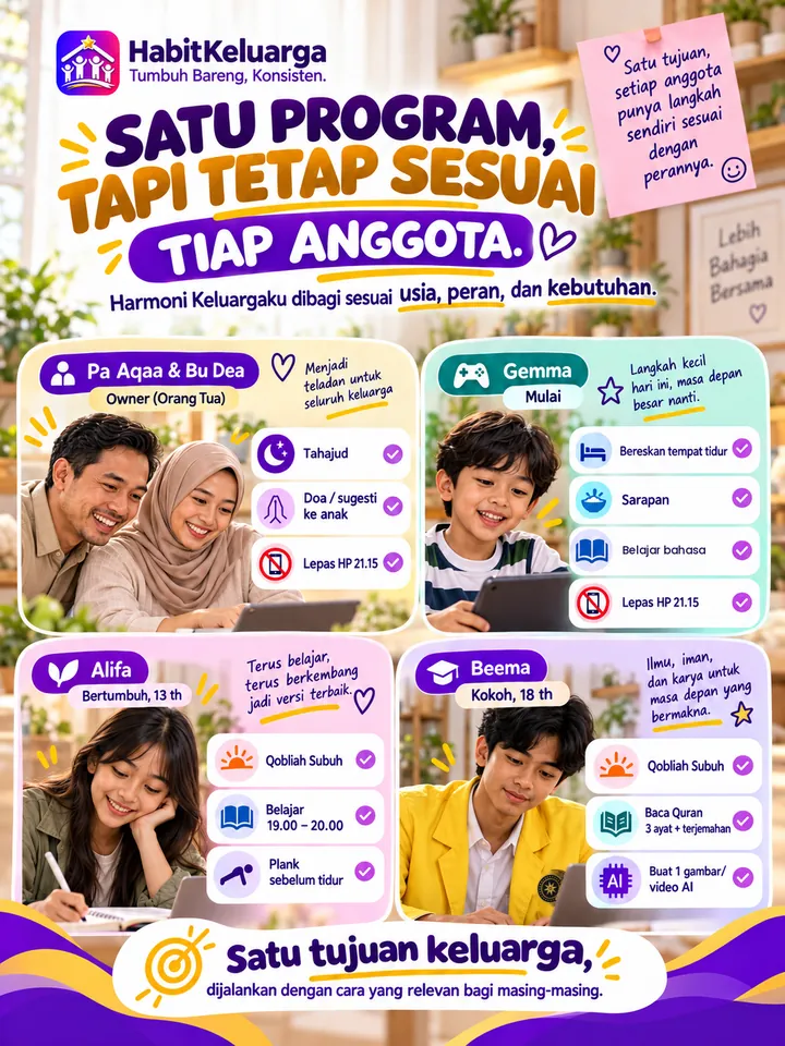 Poster ilustrasi: contoh habit Owner, Gemma, Alifa, dan Beema dalam satu program keluarga.