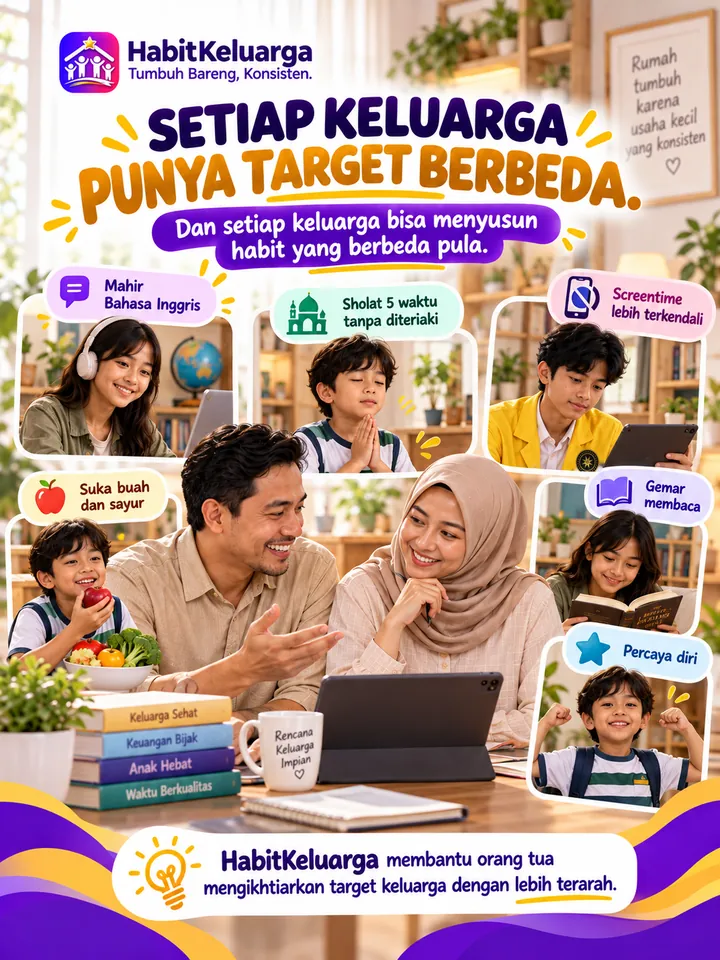 Poster ilustrasi: contoh target keluarga seperti mahir bahasa Inggris, sholat 5 waktu, dan screen time terkendali.
